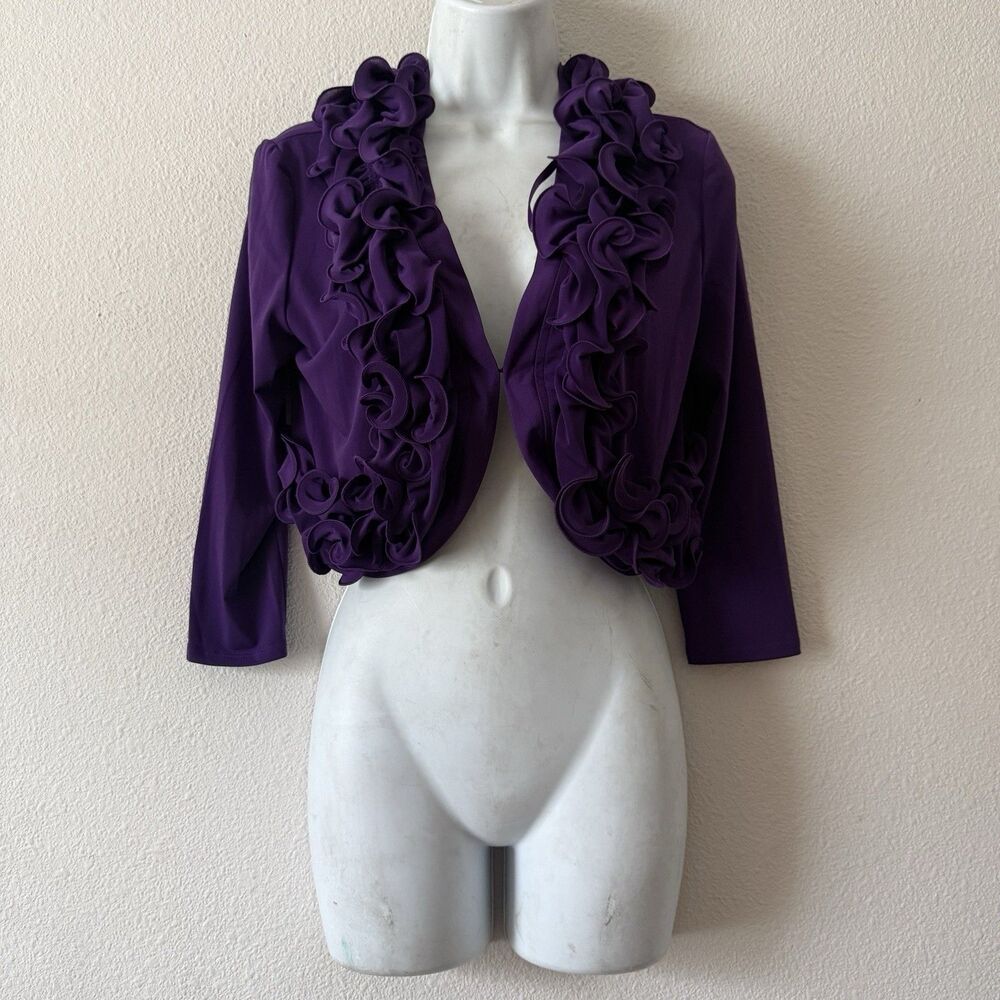 Glamour Purple Ruffle Trim Bolero Shrug Cropped Cardigan Jacket 3/4 Sleeve Sz S